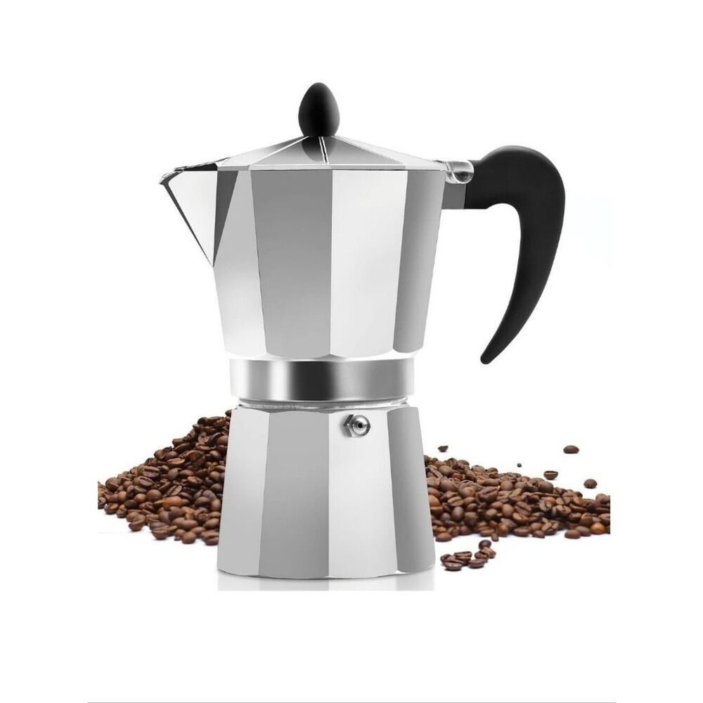 Espresso Maker Moka Pot Silver Aluminum with Black Handle - Picture 6 of 15